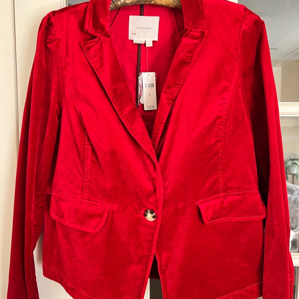 Anthropologie Vibrant Red Velvet Blazer